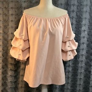 MSK Off Sholder Pearl Beaded Sleeve 3/4 Sleeve Top